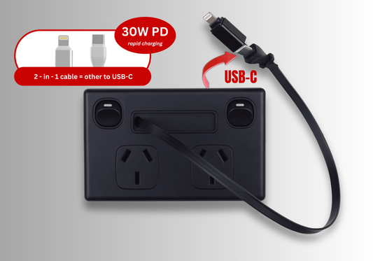 Evo-Charge Model-1 / Matte Black double power point with built-in retractable charging cable