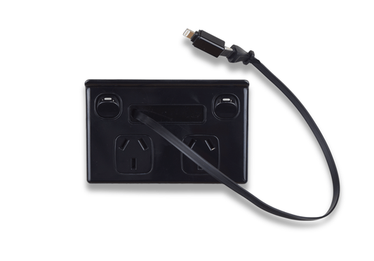 Evo-Charge Model-1 / Black double power point with built-in retractable charging cable