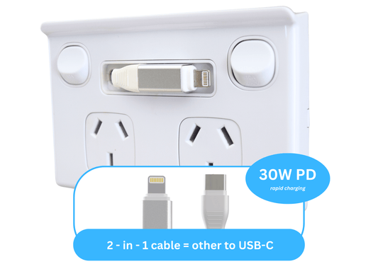Evo-Charge Model-1 double power point with built-in retractable charging cable