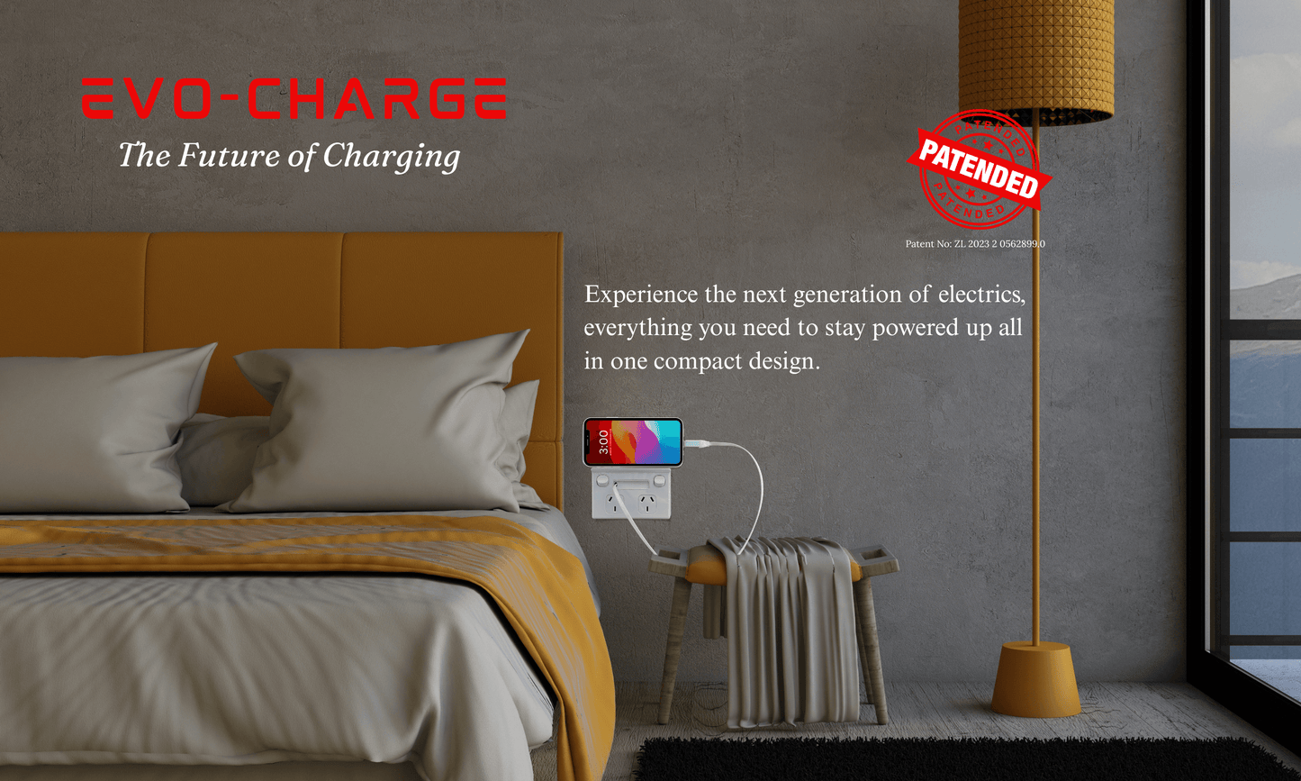 Evo-Charge Model-1 / Black double power point with built-in retractable charging cable